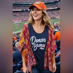 DENVER BRONCOS Upcycled T /poncho w/ kantha sleeves, by Susie.
